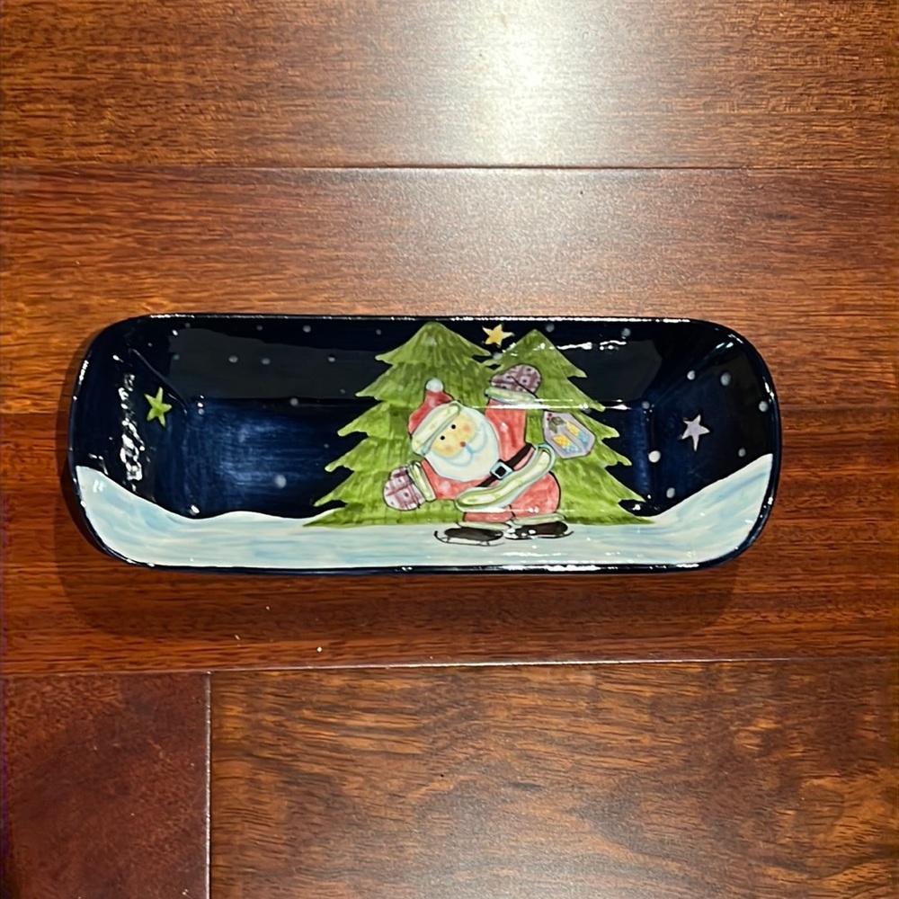 Laurie Gates Christmas serving dish Santa on skates w/ lantern Christmas trees